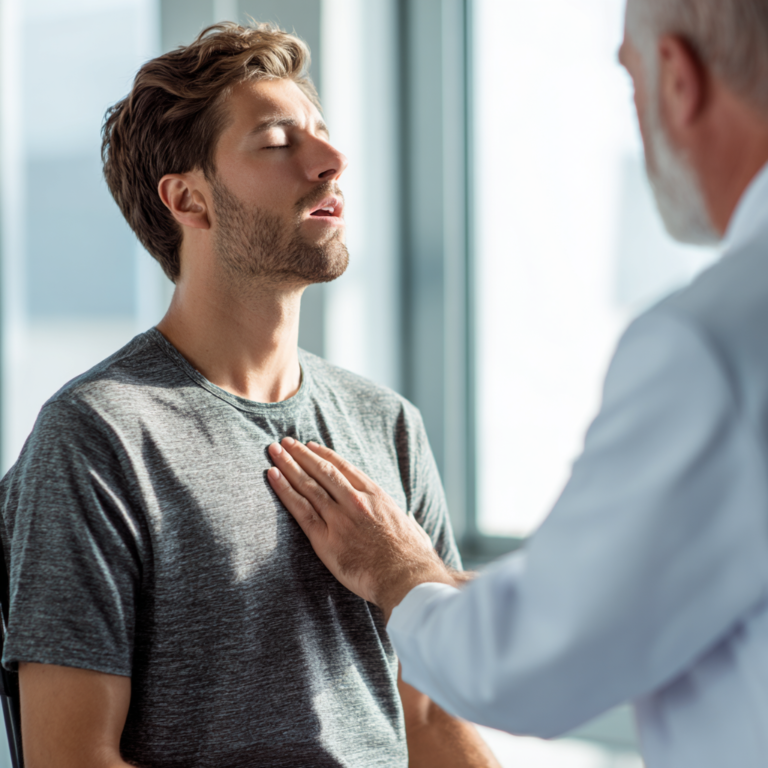 Ein Mann atmet unter Anweisung eines PVZ ST Anna Wels Arztes ein und aus