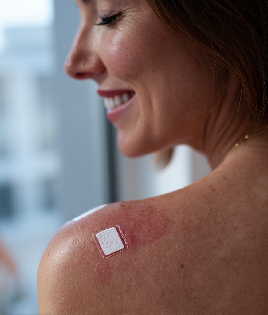 Eine glückliche Frau, der eine Warze oder Muttermahl im PVZ St Anna entfernt wurde.