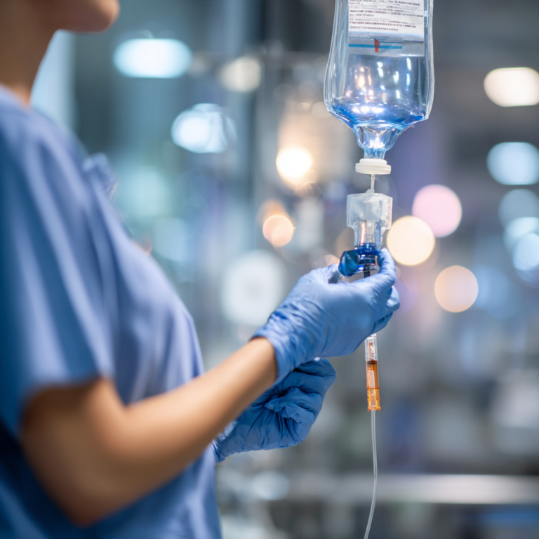 Eine DGKP bereitet eine Infusion im PVZ St Anna Wels vor