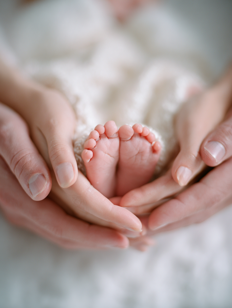 Babyfüsschen werden von den Händen der Mama und vom Papa gehalten.