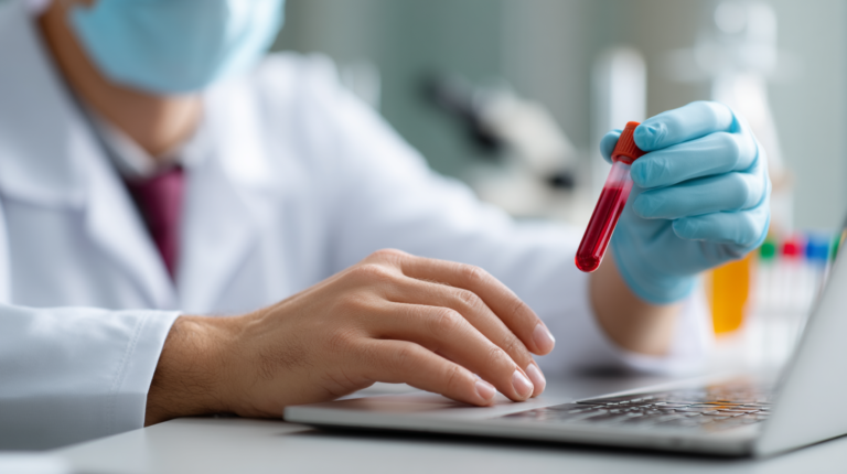 Ein Arzt vom PVZ ST Anna Wels wertet im Labor ein Blut aus