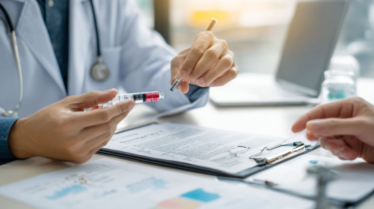 Ein Arzt berät eine Patientin über Impfungen auf