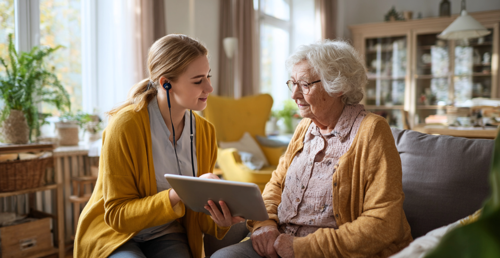 Eine Ärztin vom PVZ St Anna Wels besucht eine Patientin zuhause.