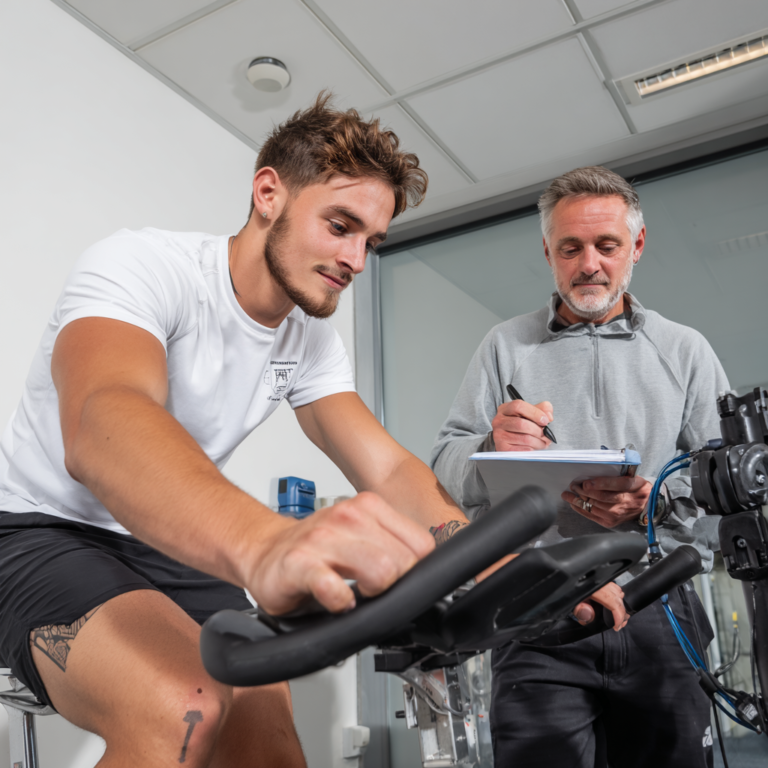 Ein Mann sitzt auf einem Ergometer um ein Belastungs-EKG im PVZ St Anna in Wels zu machen. Daneben steht ein DGKP um auszuwerten.
