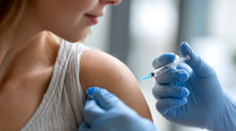 Eine Patientin bekommt im PVZ St Anna Wels eine Impfung verabreicht.